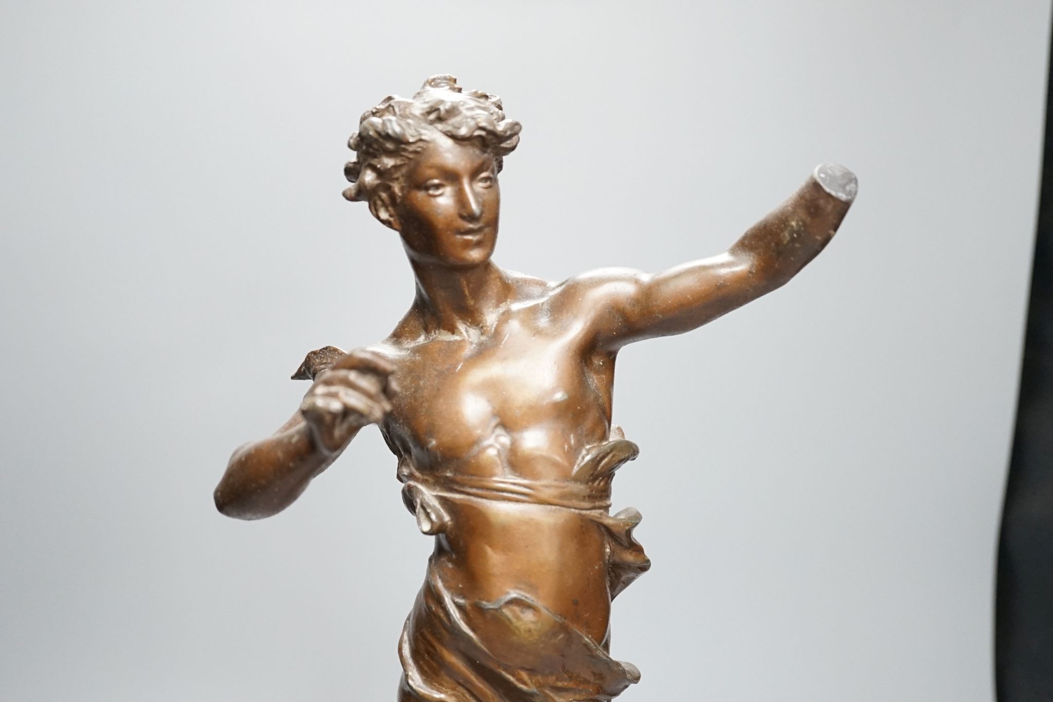 After Ferrand, a spelter figure of a gentleman upon a dolphin, plaque to base reading ‘Zephyr Marin Par Ferrand’, 50cm